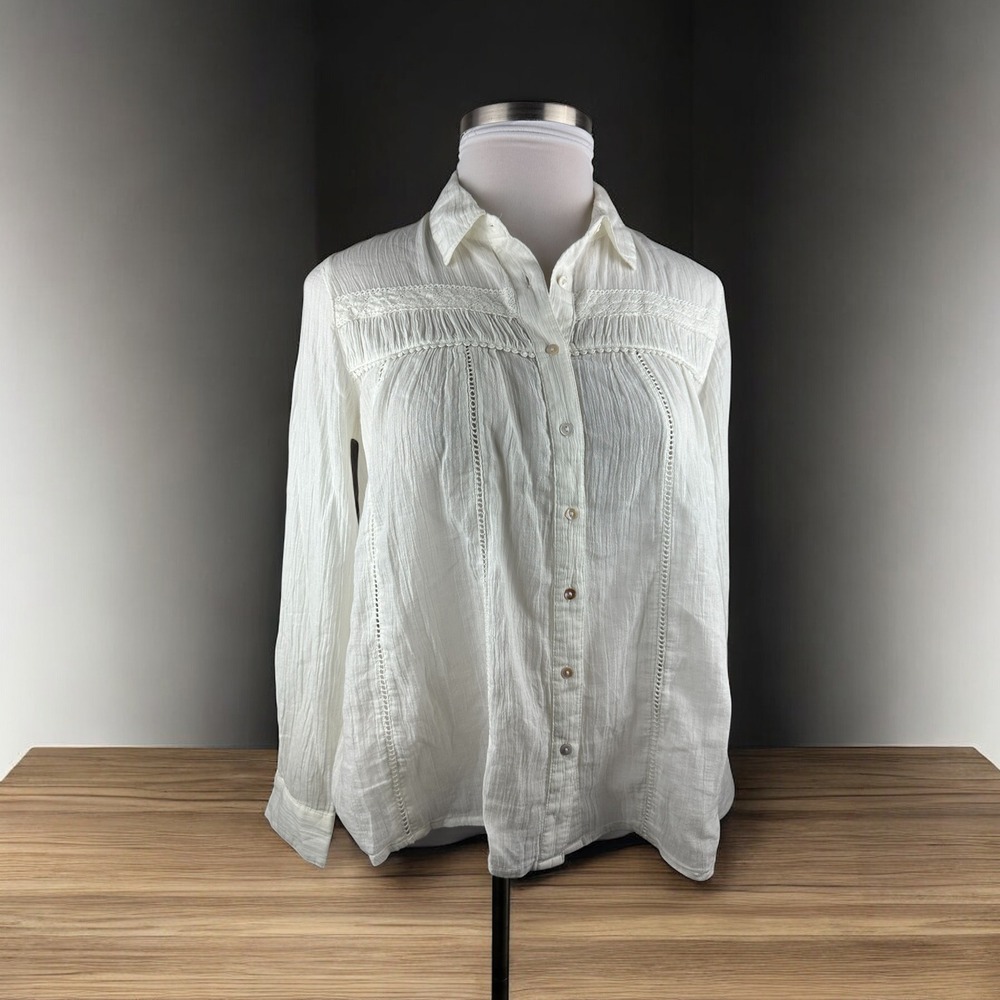 Sundance White Cotton Long Sleeve Button Up Blouse Crochet Boho Sheer Size Small - Picture 14 of 14